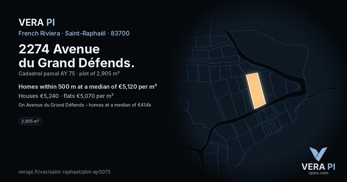 2274 Avenue du Grand Défends, Saint-Raphaël at night – the plot lit, the parcels around coloured by the prices near them