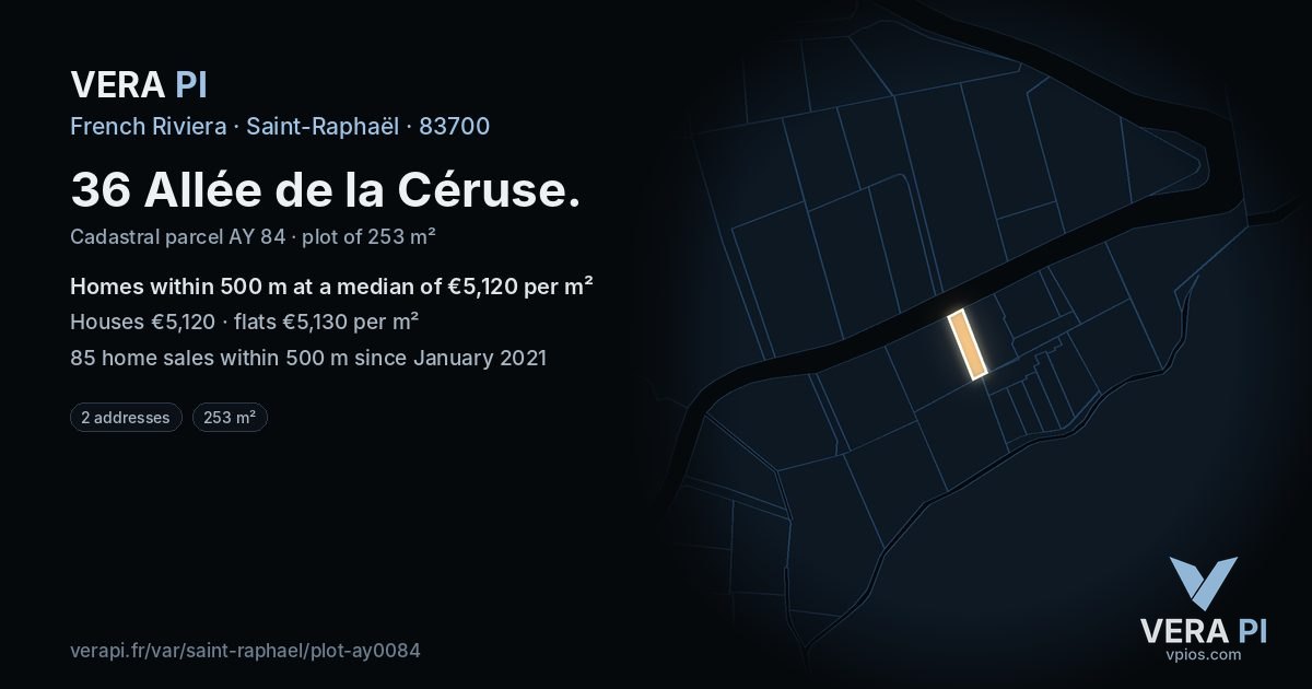36 Allée de la Céruse, Saint-Raphaël at night – the plot lit, the parcels around coloured by the prices near them