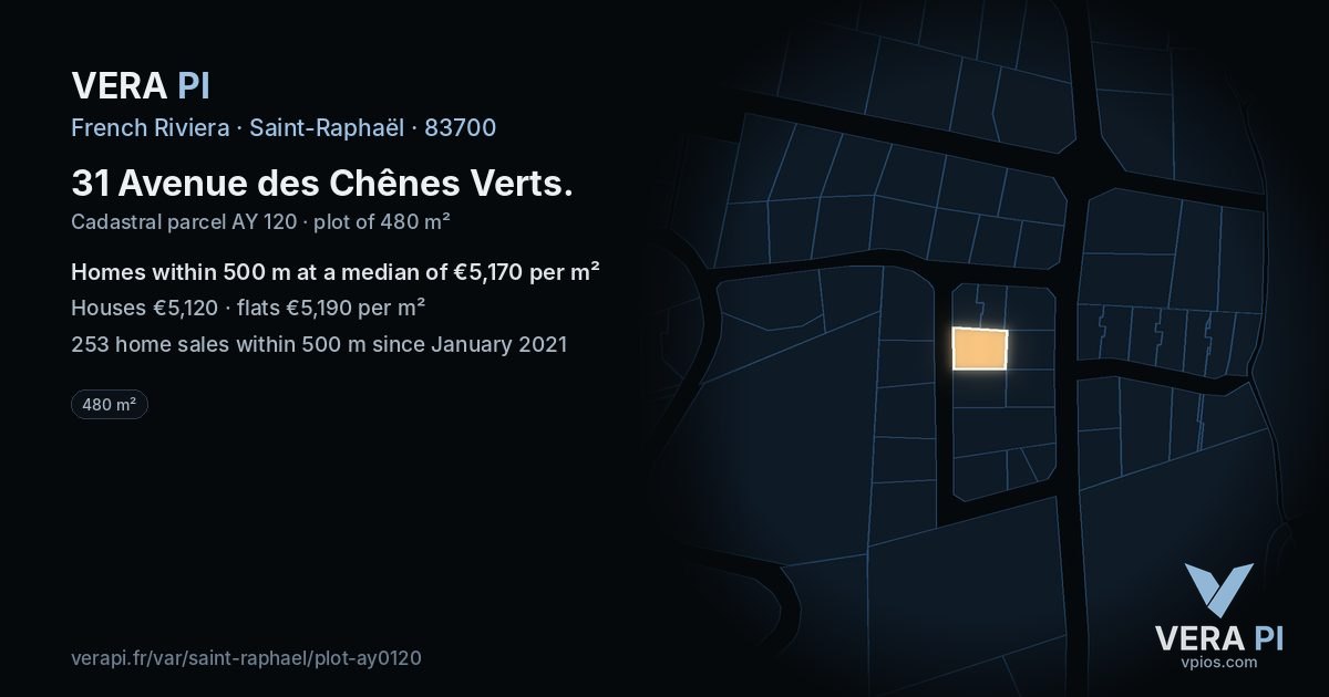 31 Avenue des Chênes Verts, Saint-Raphaël at night – the plot lit, the parcels around coloured by the prices near them