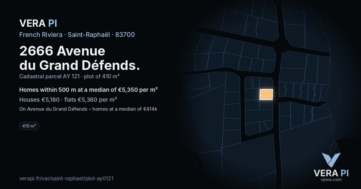 2666 Avenue du Grand Défends, Saint-Raphaël at night – the plot lit, the parcels around coloured by the prices near them