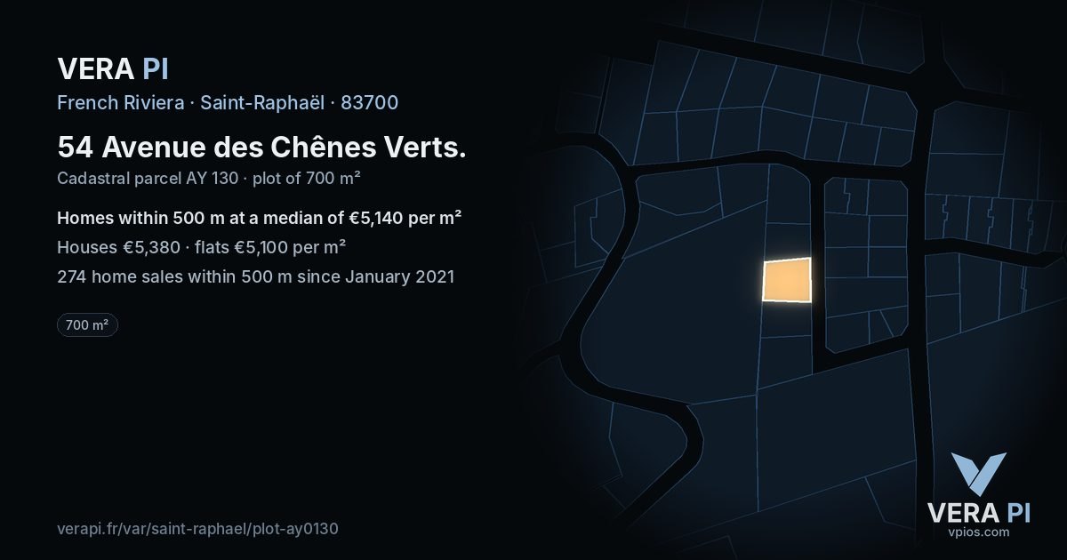 54 Avenue des Chênes Verts, Saint-Raphaël at night – the plot lit, the parcels around coloured by the prices near them