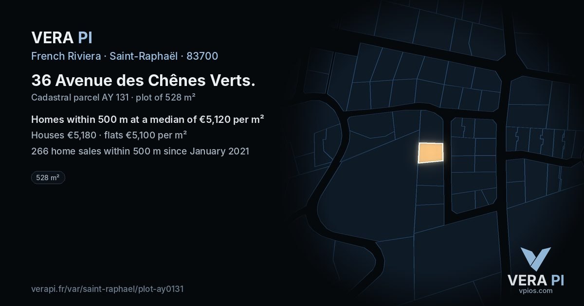 36 Avenue des Chênes Verts, Saint-Raphaël at night – the plot lit, the parcels around coloured by the prices near them