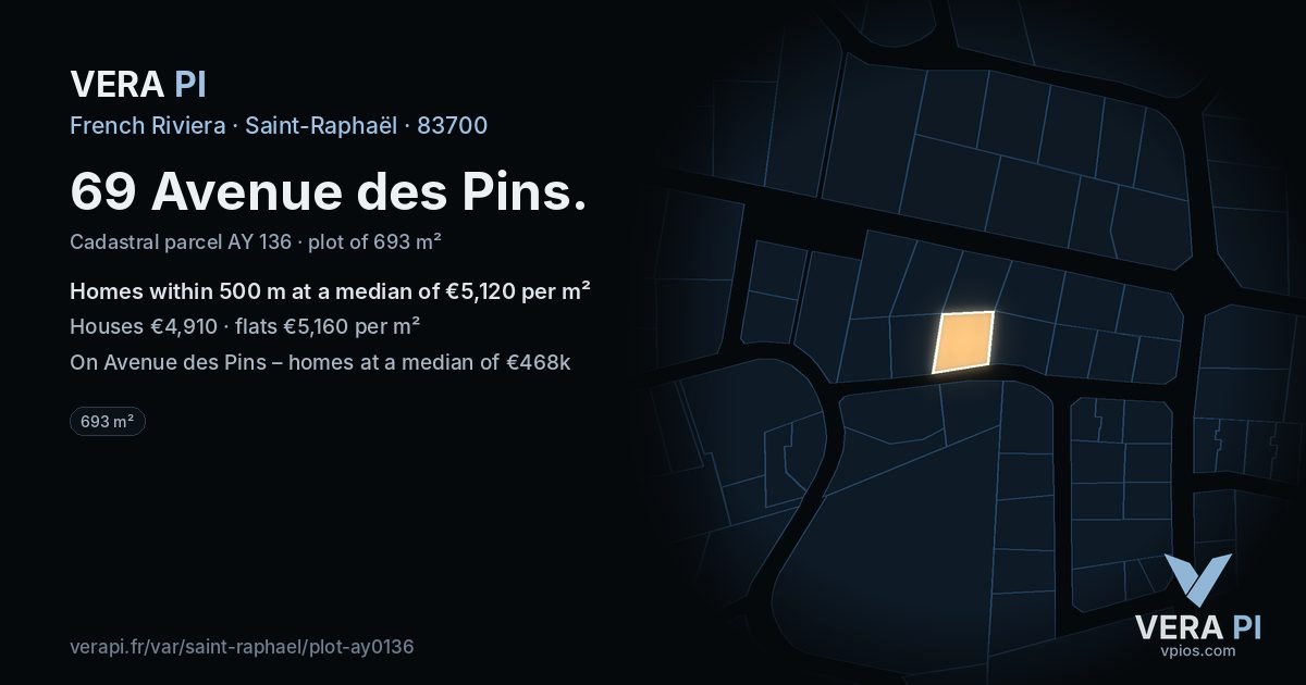 69 Avenue des Pins, Saint-Raphaël at night – the plot lit, the parcels around coloured by the prices near them