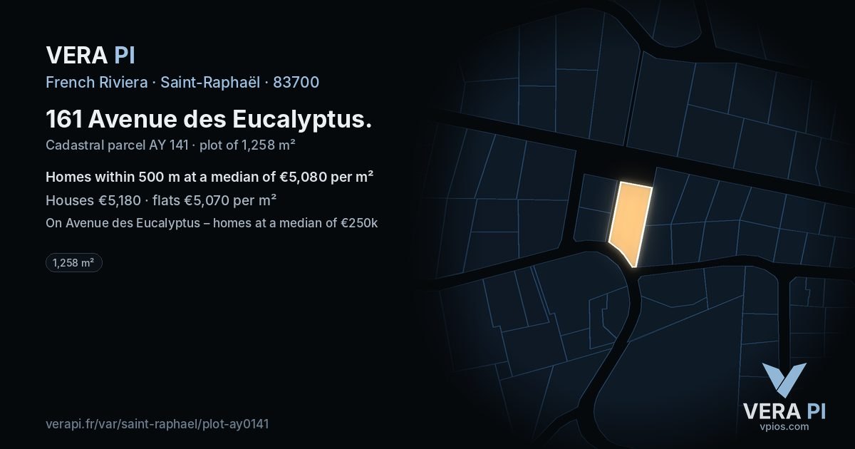 161 Avenue des Eucalyptus, Saint-Raphaël at night – the plot lit, the parcels around coloured by the prices near them