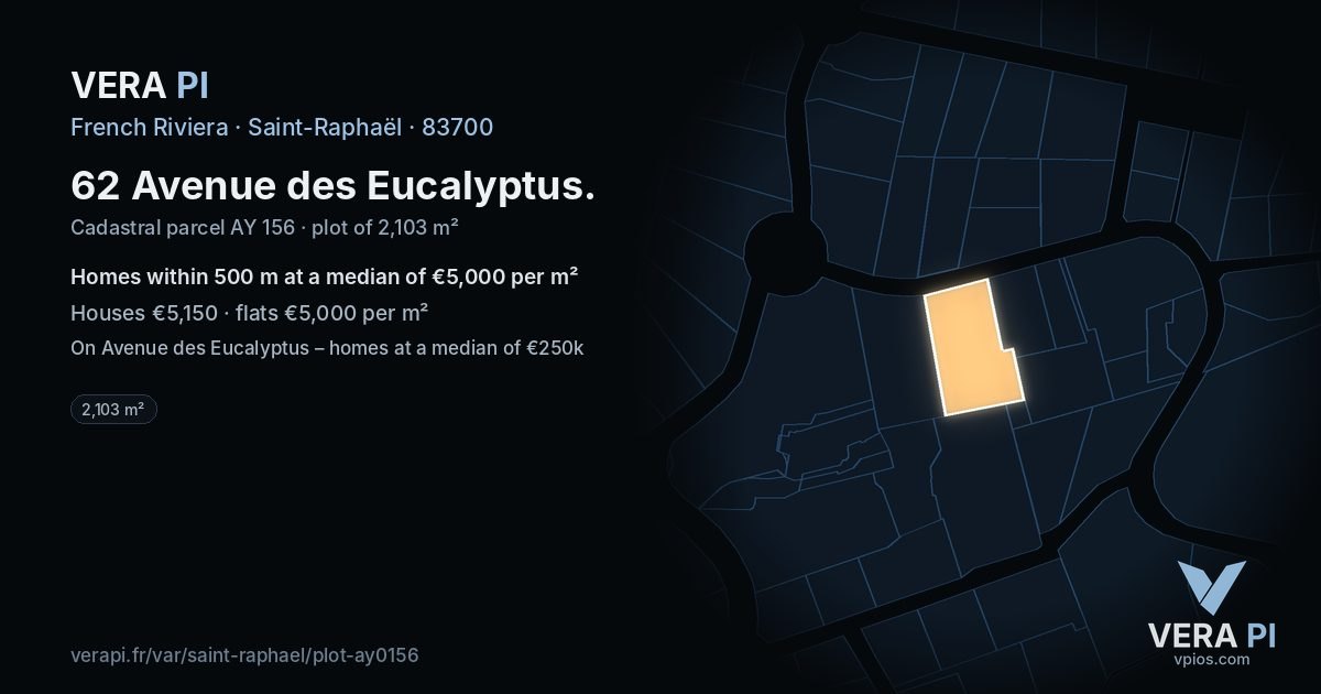 62 Avenue des Eucalyptus, Saint-Raphaël at night – the plot lit, the parcels around coloured by the prices near them