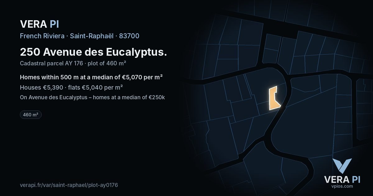 250 Avenue des Eucalyptus, Saint-Raphaël at night – the plot lit, the parcels around coloured by the prices near them