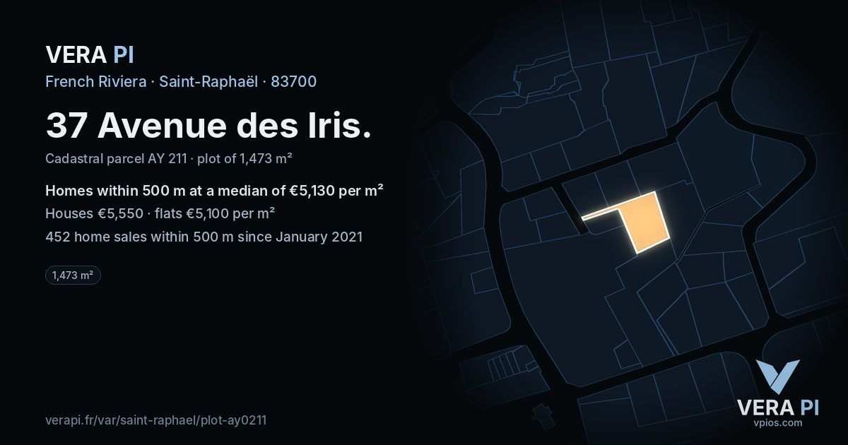 37 Avenue des Iris, Saint-Raphaël at night – the plot lit, the parcels around coloured by the prices near them