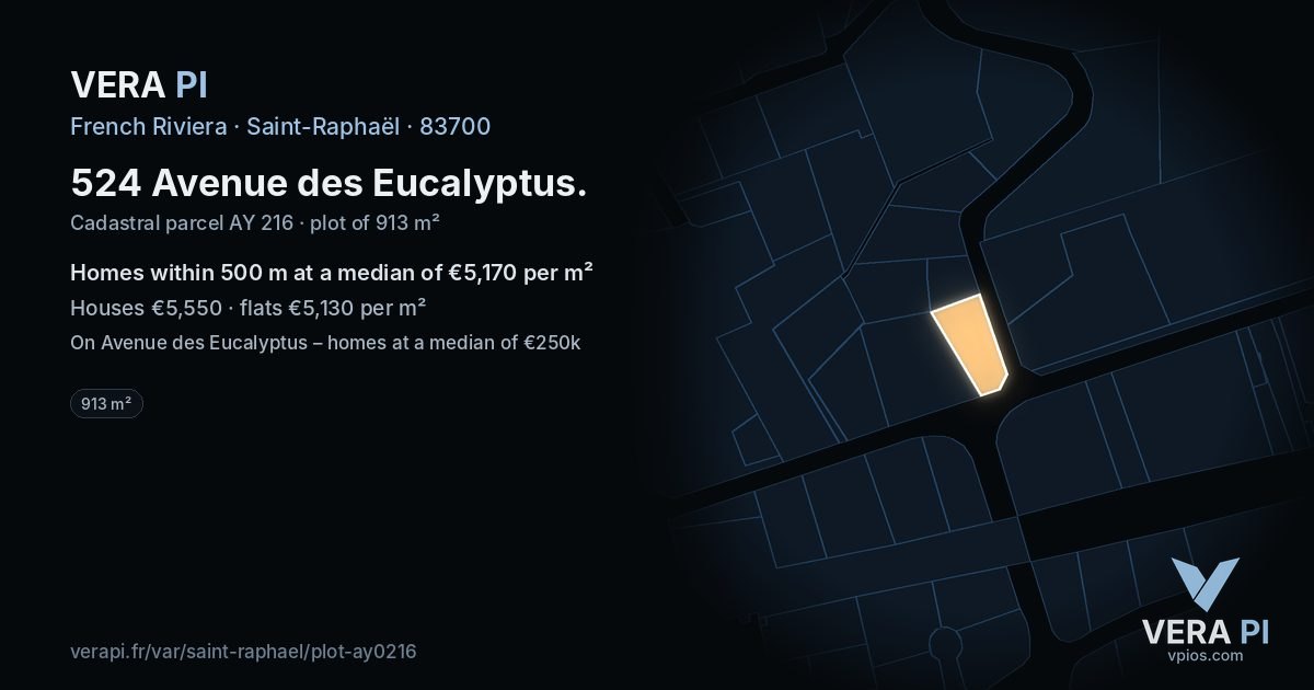 524 Avenue des Eucalyptus, Saint-Raphaël at night – the plot lit, the parcels around coloured by the prices near them