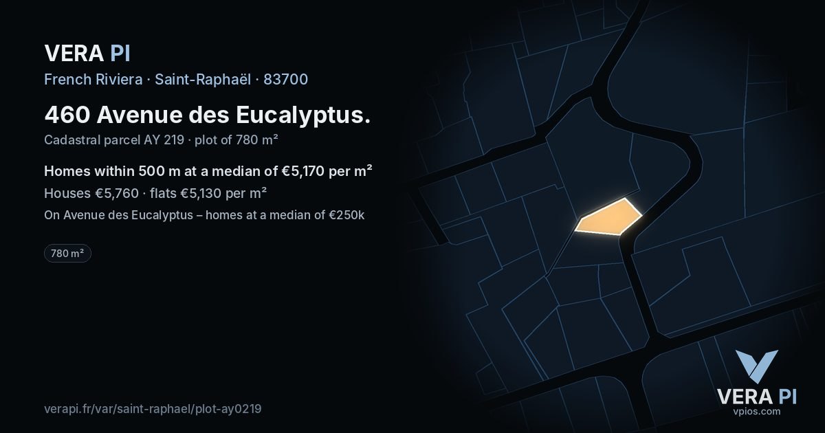 460 Avenue des Eucalyptus, Saint-Raphaël at night – the plot lit, the parcels around coloured by the prices near them