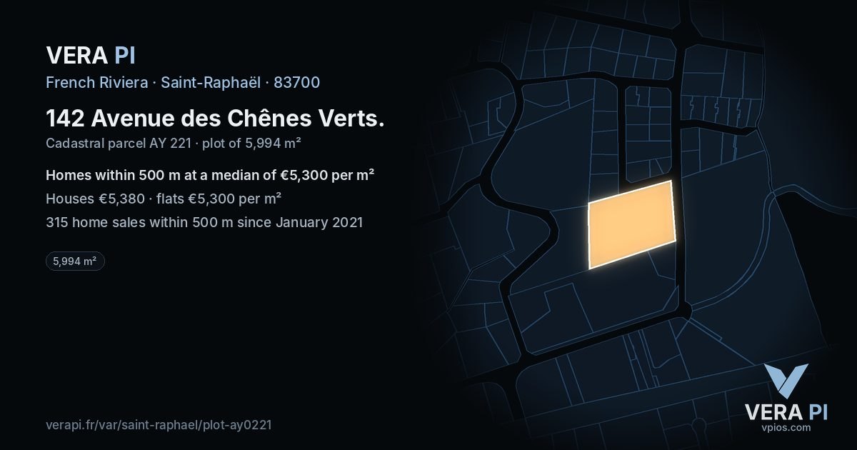 142 Avenue des Chênes Verts, Saint-Raphaël at night – the plot lit, the parcels around coloured by the prices near them