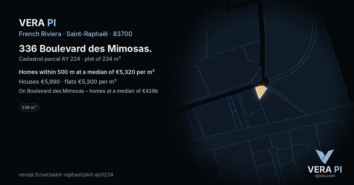336 Boulevard des Mimosas, Saint-Raphaël at night – the plot lit, the parcels around coloured by the prices near them