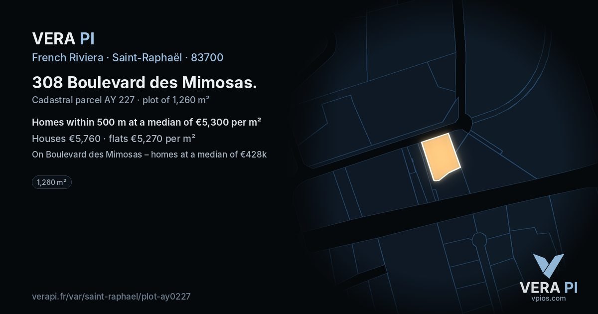 308 Boulevard des Mimosas, Saint-Raphaël at night – the plot lit, the parcels around coloured by the prices near them