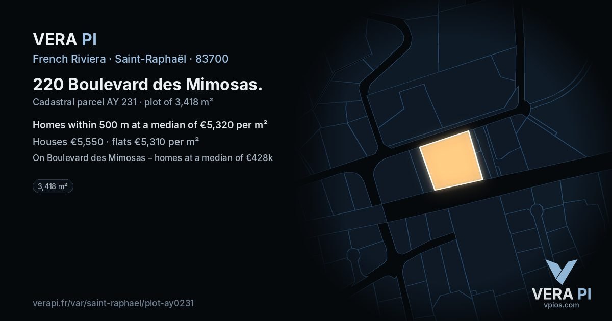 220 Boulevard des Mimosas, Saint-Raphaël at night – the plot lit, the parcels around coloured by the prices near them