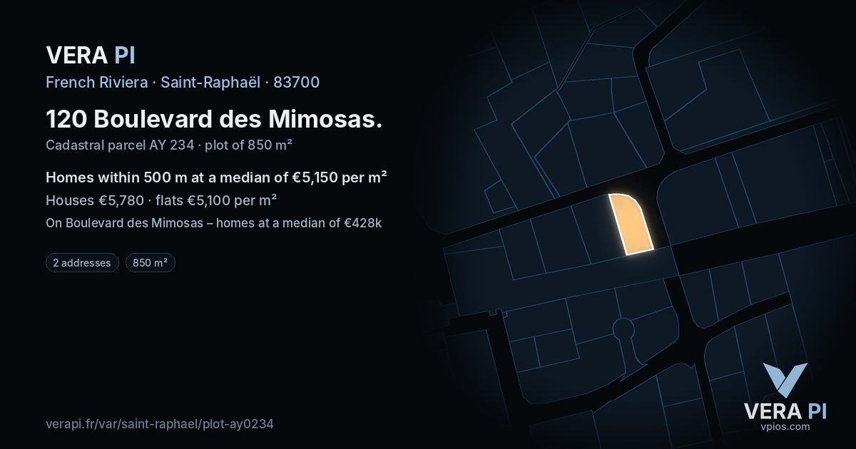 120 Boulevard des Mimosas, Saint-Raphaël at night – the plot lit, the parcels around coloured by the prices near them