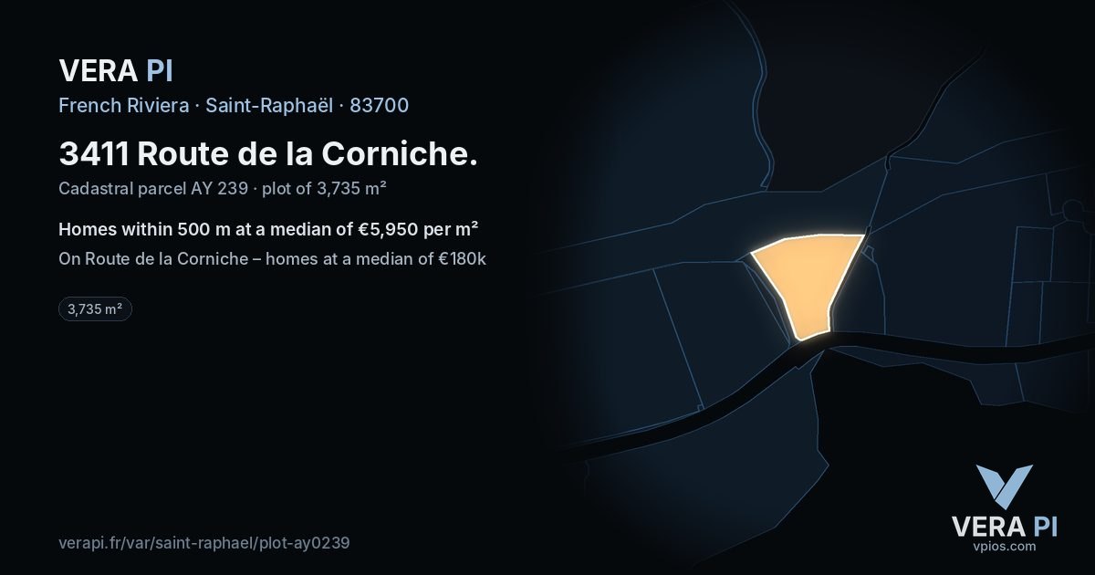 3411 Route de la Corniche, Saint-Raphaël at night – the plot lit, the parcels around coloured by the prices near them