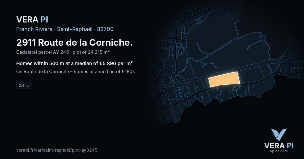 2911 Route de la Corniche, Saint-Raphaël at night – the plot lit, the parcels around coloured by the prices near them