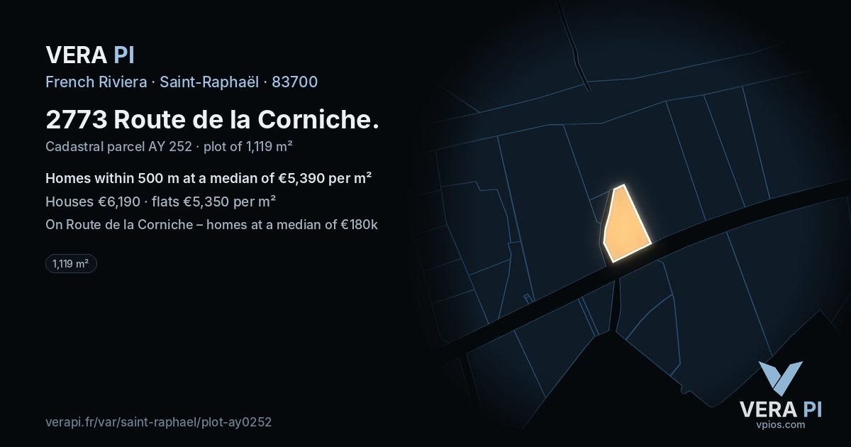 2773 Route de la Corniche, Saint-Raphaël at night – the plot lit, the parcels around coloured by the prices near them