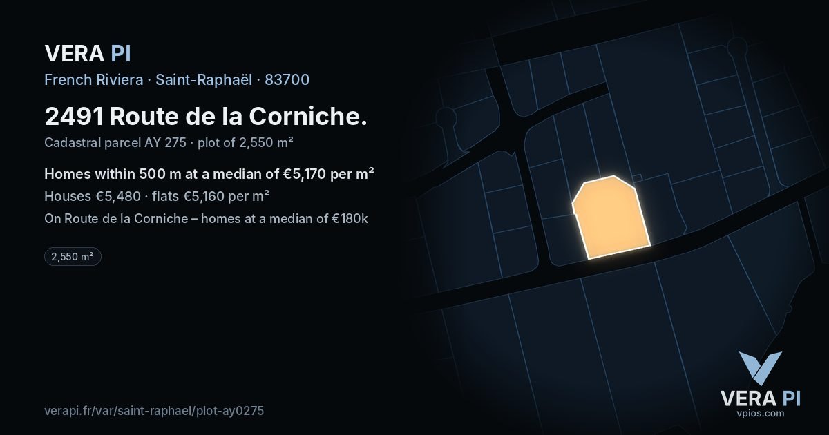 2491 Route de la Corniche, Saint-Raphaël at night – the plot lit, the parcels around coloured by the prices near them