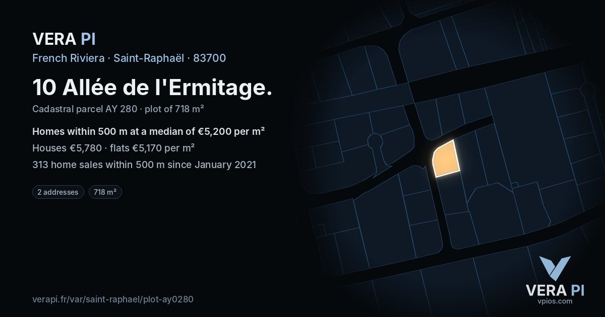 10 Allée de l'Ermitage, Saint-Raphaël at night – the plot lit, the parcels around coloured by the prices near them
