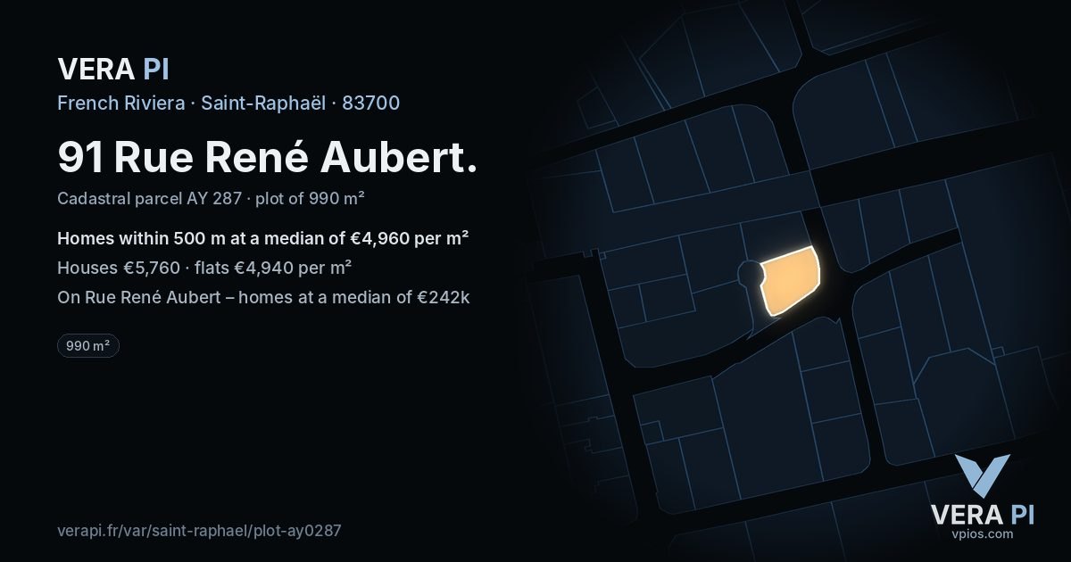 91 Rue René Aubert, Saint-Raphaël at night – the plot lit, the parcels around coloured by the prices near them