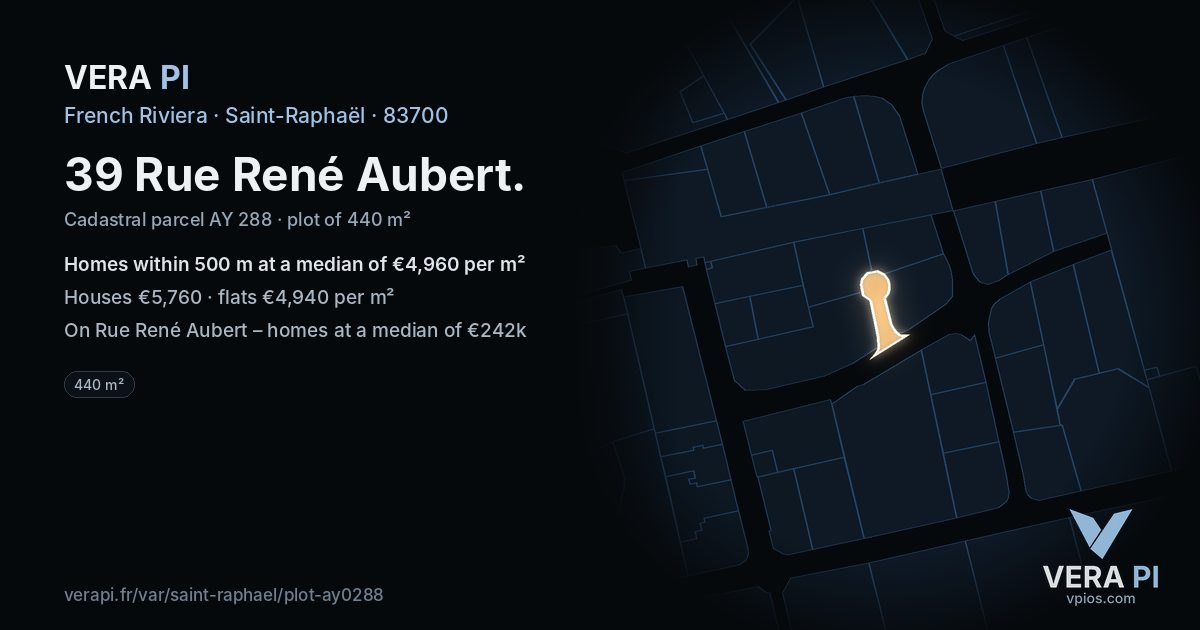 39 Rue René Aubert, Saint-Raphaël at night – the plot lit, the parcels around coloured by the prices near them