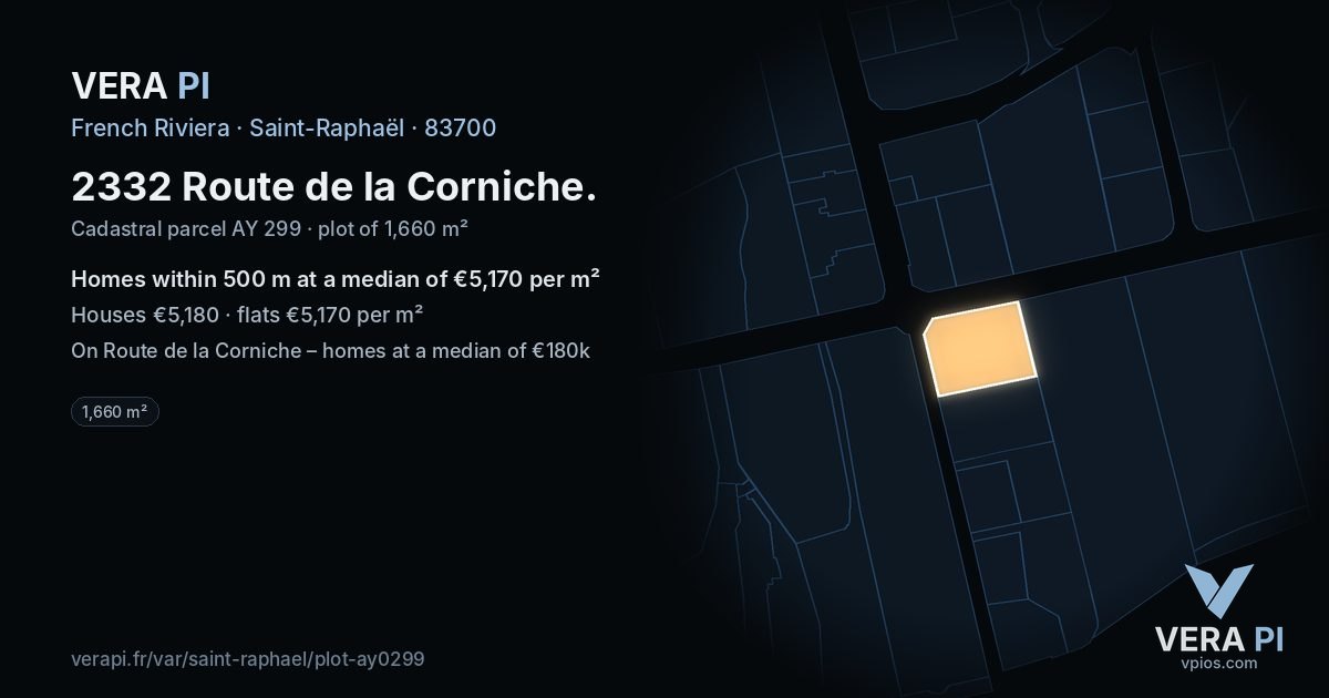 2332 Route de la Corniche, Saint-Raphaël at night – the plot lit, the parcels around coloured by the prices near them