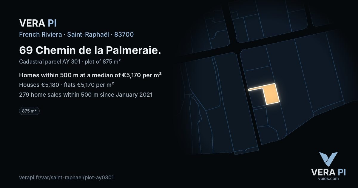 69 Chemin de la Palmeraie, Saint-Raphaël at night – the plot lit, the parcels around coloured by the prices near them