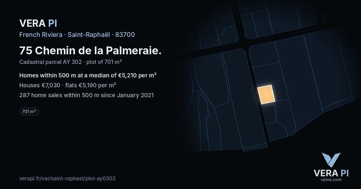 75 Chemin de la Palmeraie, Saint-Raphaël at night – the plot lit, the parcels around coloured by the prices near them
