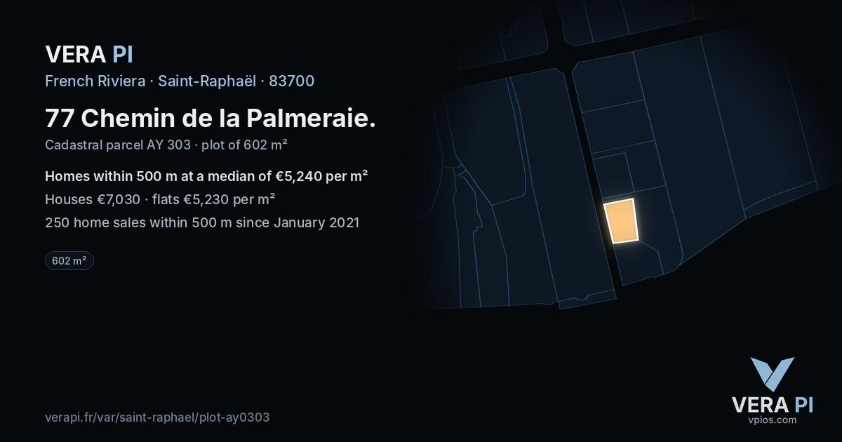 77 Chemin de la Palmeraie, Saint-Raphaël at night – the plot lit, the parcels around coloured by the prices near them