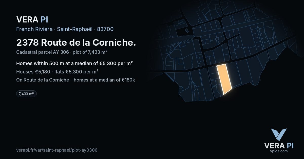 2378 Route de la Corniche, Saint-Raphaël at night – the plot lit, the parcels around coloured by the prices near them