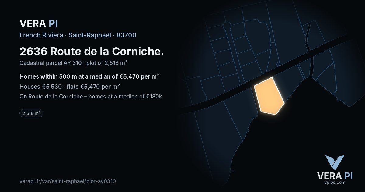 2636 Route de la Corniche, Saint-Raphaël at night – the plot lit, the parcels around coloured by the prices near them