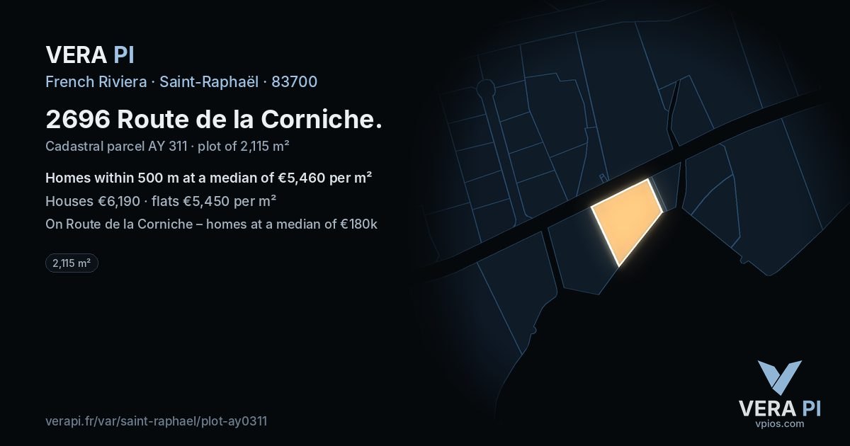2696 Route de la Corniche, Saint-Raphaël at night – the plot lit, the parcels around coloured by the prices near them