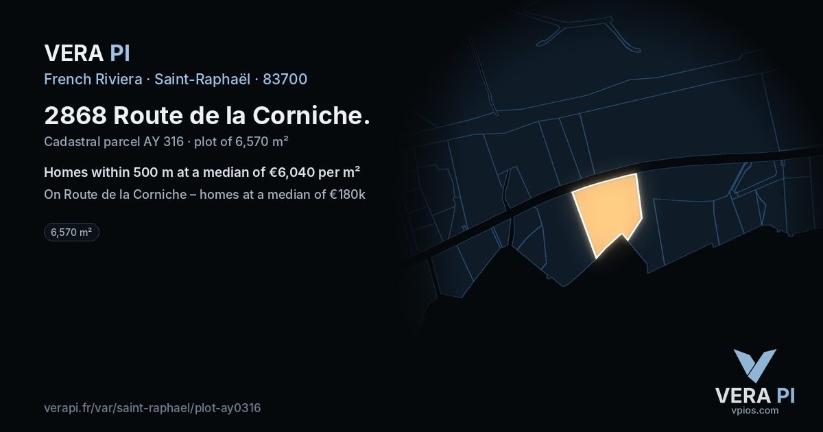 2868 Route de la Corniche, Saint-Raphaël at night – the plot lit, the parcels around coloured by the prices near them