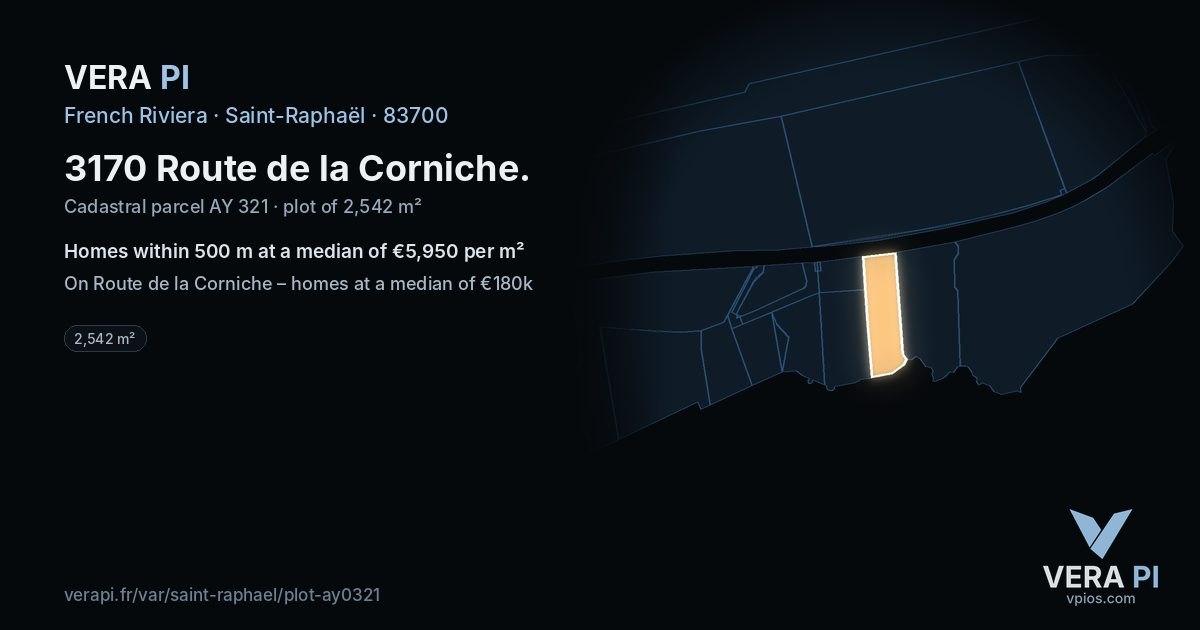 3170 Route de la Corniche, Saint-Raphaël at night – the plot lit, the parcels around coloured by the prices near them