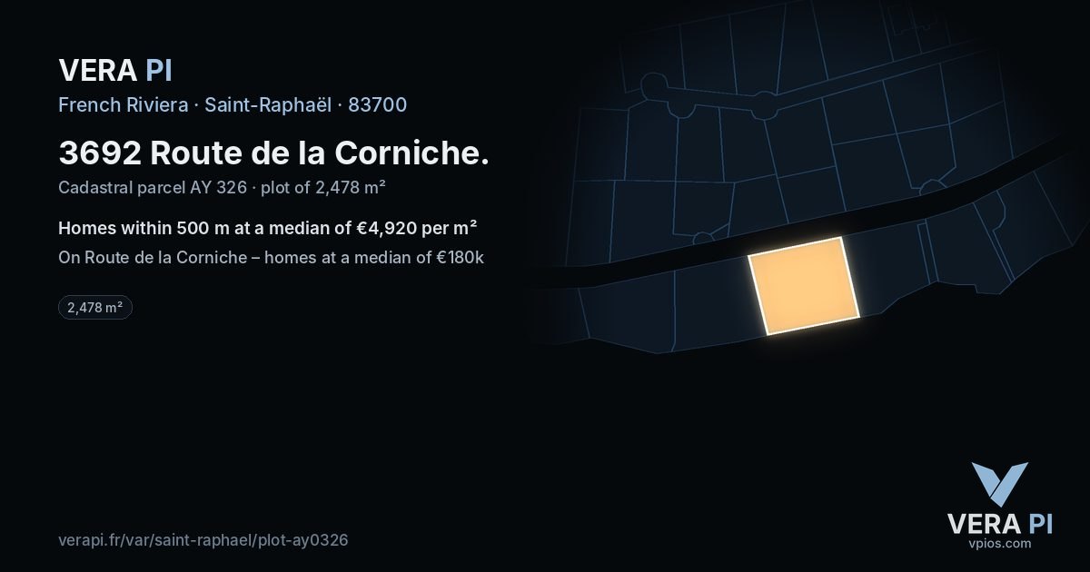 3692 Route de la Corniche, Saint-Raphaël at night – the plot lit, the parcels around coloured by the prices near them