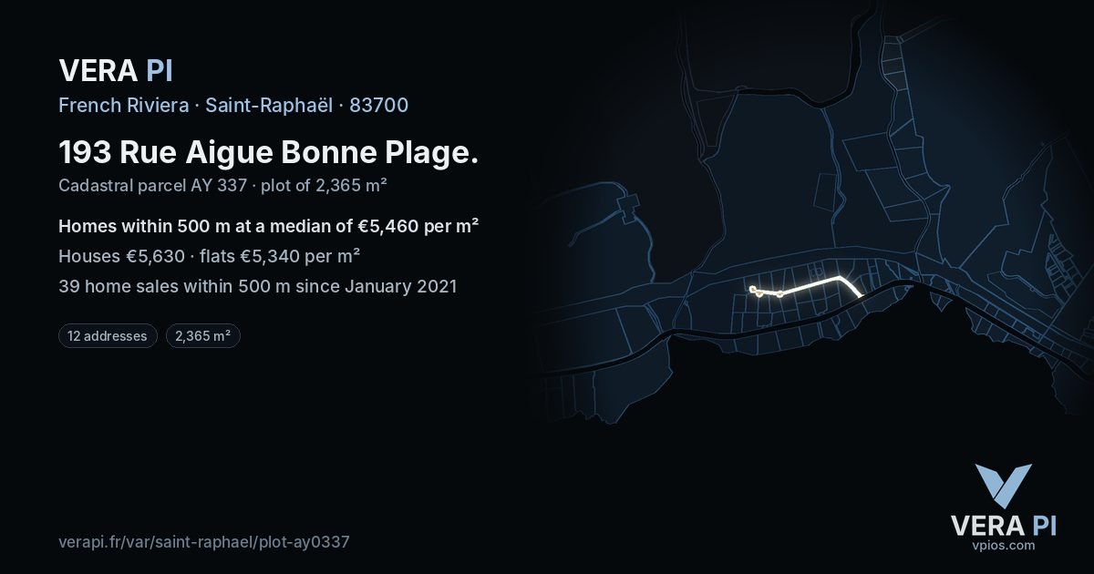 193 Rue Aigue Bonne Plage, Saint-Raphaël at night – the plot lit, the parcels around coloured by the prices near them