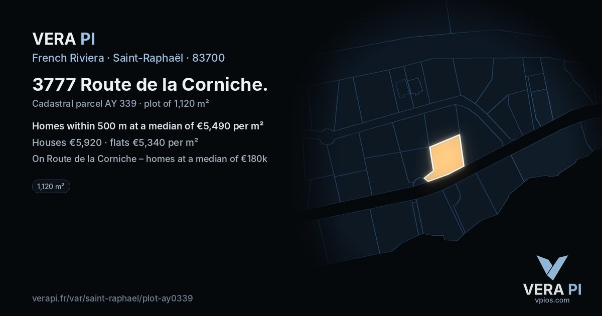 3777 Route de la Corniche, Saint-Raphaël at night – the plot lit, the parcels around coloured by the prices near them