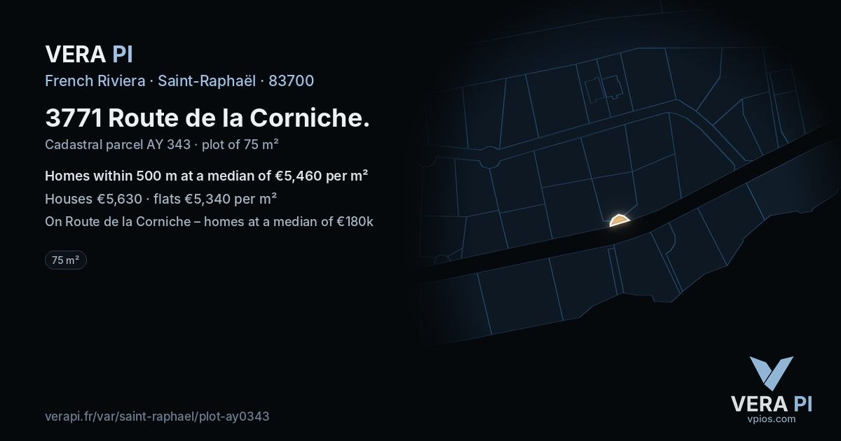 3771 Route de la Corniche, Saint-Raphaël at night – the plot lit, the parcels around coloured by the prices near them