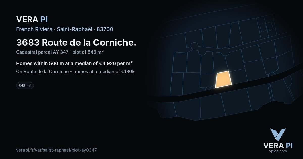 3683 Route de la Corniche, Saint-Raphaël at night – the plot lit, the parcels around coloured by the prices near them