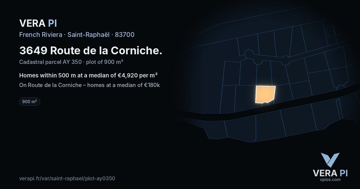 3649 Route de la Corniche, Saint-Raphaël at night – the plot lit, the parcels around coloured by the prices near them