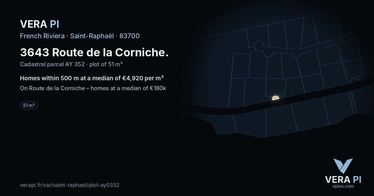 3643 Route de la Corniche, Saint-Raphaël at night – the plot lit, the parcels around coloured by the prices near them
