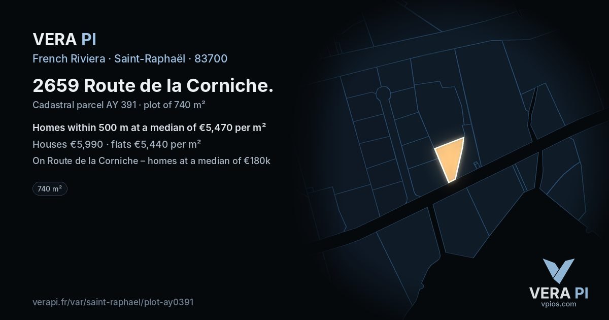 2659 Route de la Corniche, Saint-Raphaël at night – the plot lit, the parcels around coloured by the prices near them