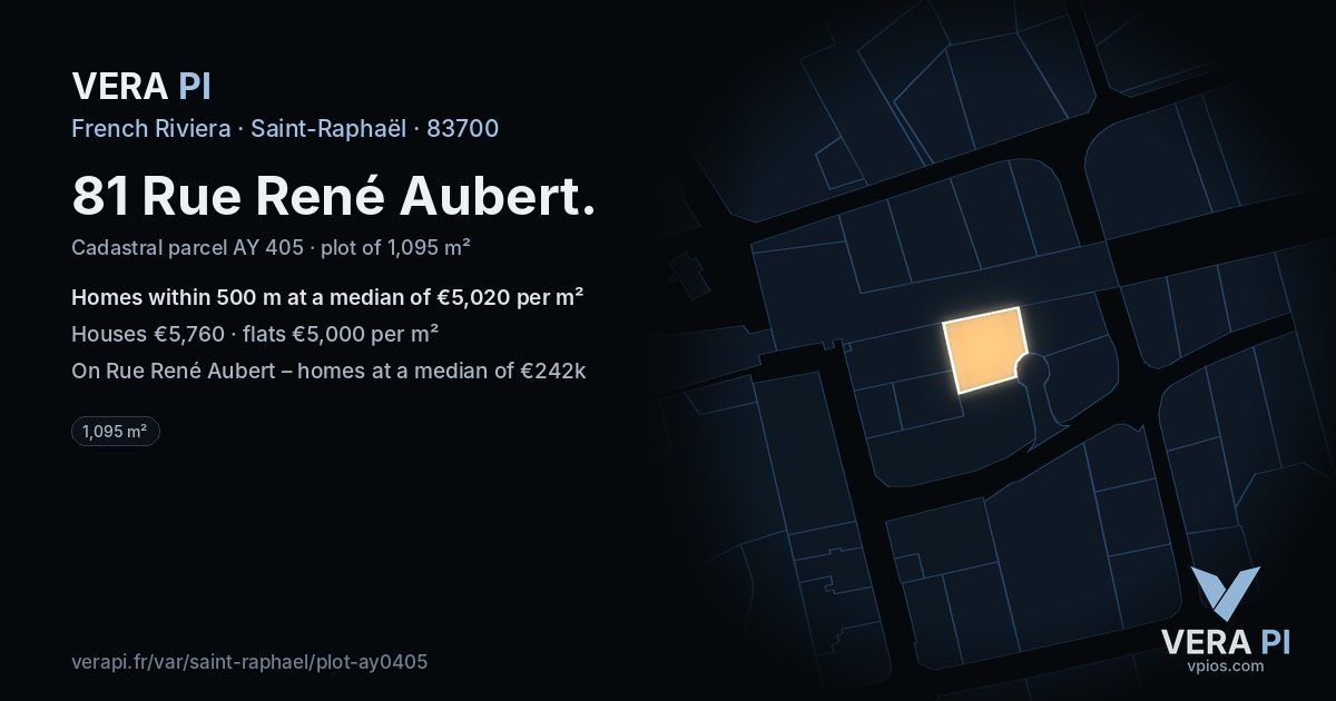 81 Rue René Aubert, Saint-Raphaël at night – the plot lit, the parcels around coloured by the prices near them