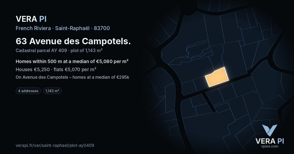 63 Avenue des Campotels, Saint-Raphaël at night – the plot lit, the parcels around coloured by the prices near them
