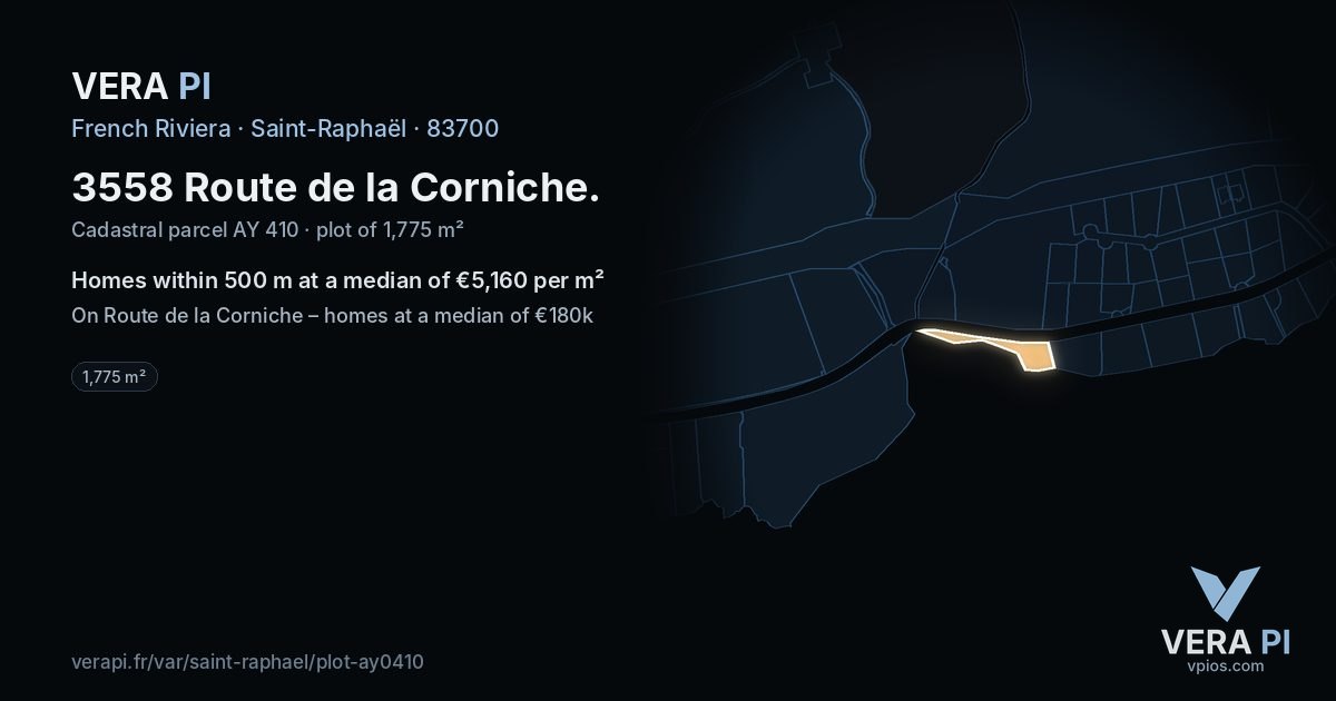 3558 Route de la Corniche, Saint-Raphaël at night – the plot lit, the parcels around coloured by the prices near them