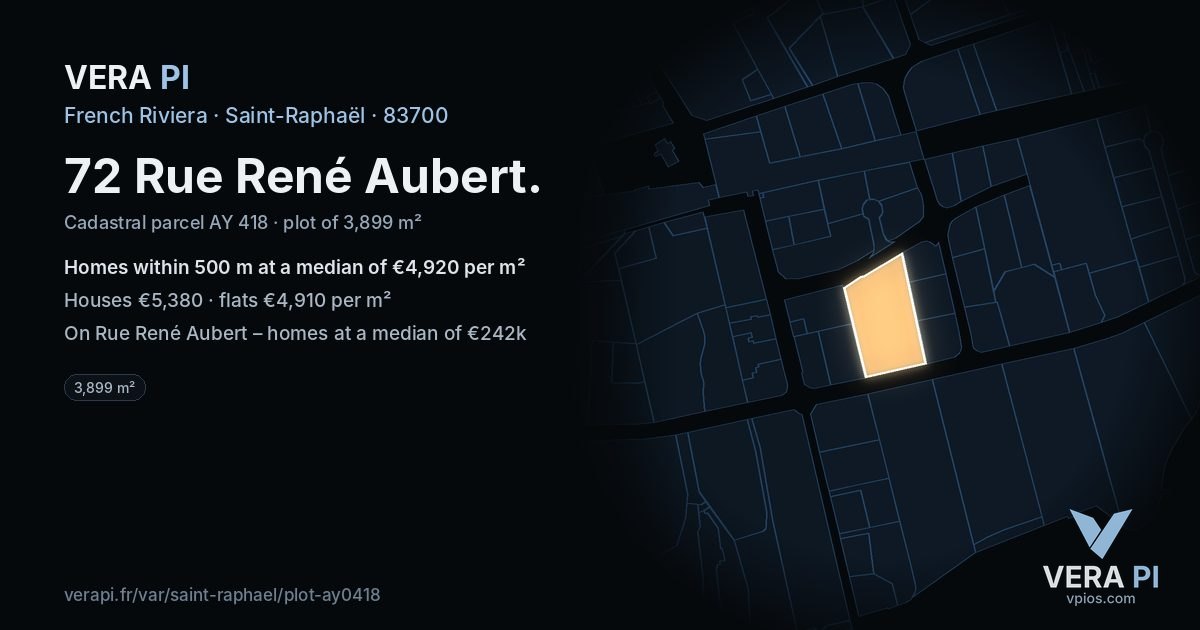 72 Rue René Aubert, Saint-Raphaël at night – the plot lit, the parcels around coloured by the prices near them