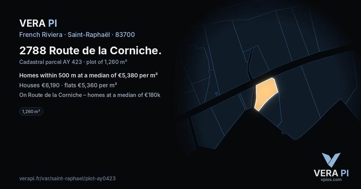 2788 Route de la Corniche, Saint-Raphaël at night – the plot lit, the parcels around coloured by the prices near them