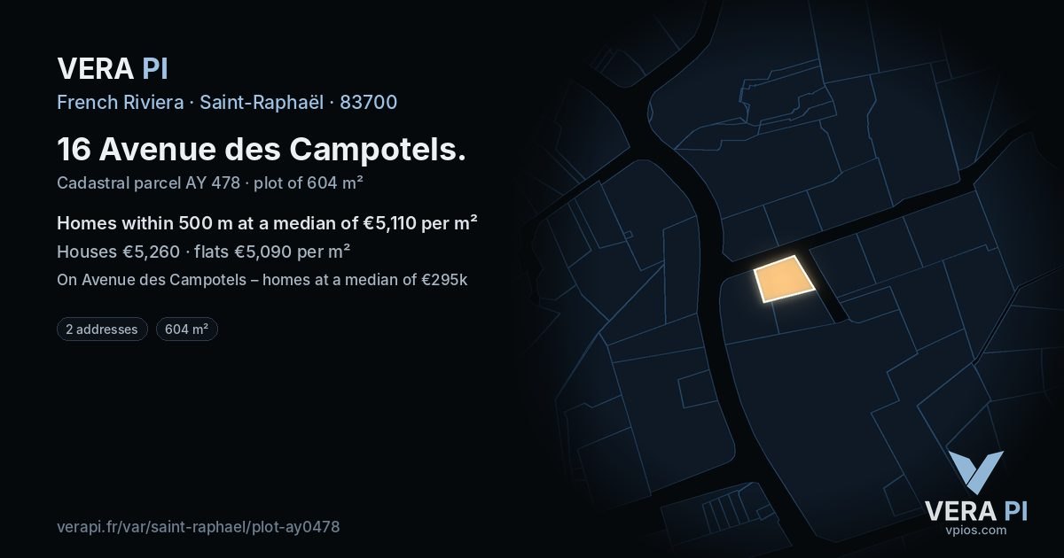 16 Avenue des Campotels, Saint-Raphaël at night – the plot lit, the parcels around coloured by the prices near them