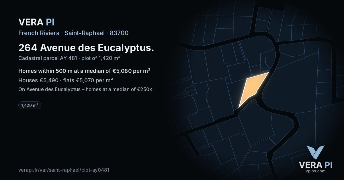 264 Avenue des Eucalyptus, Saint-Raphaël at night – the plot lit, the parcels around coloured by the prices near them