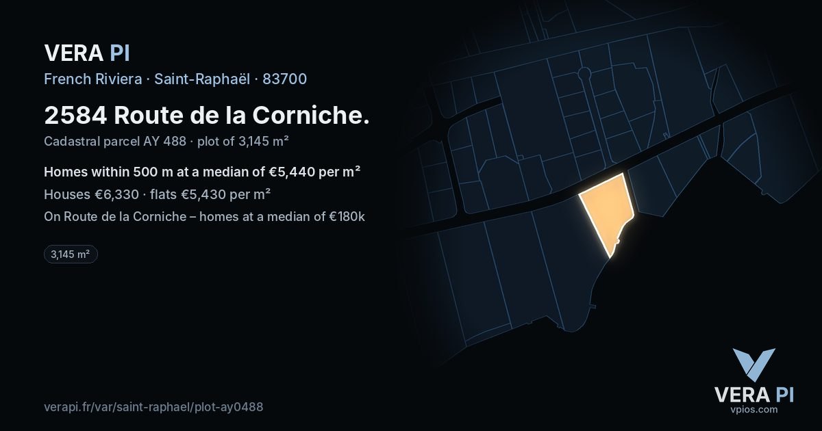 2584 Route de la Corniche, Saint-Raphaël at night – the plot lit, the parcels around coloured by the prices near them